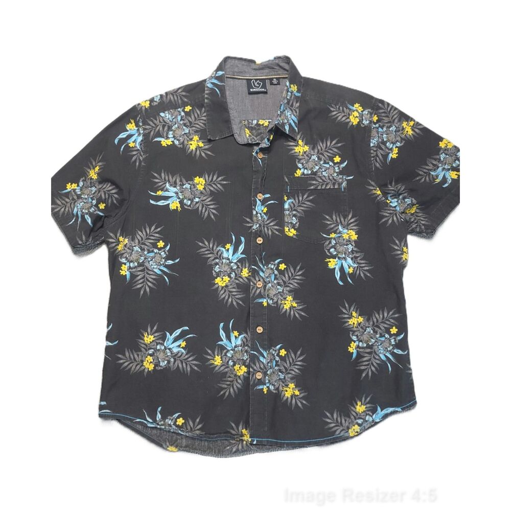 Burnside Shirt Mens XL Short Sleeve Button Up Black Yellow Blue Floral Tropical